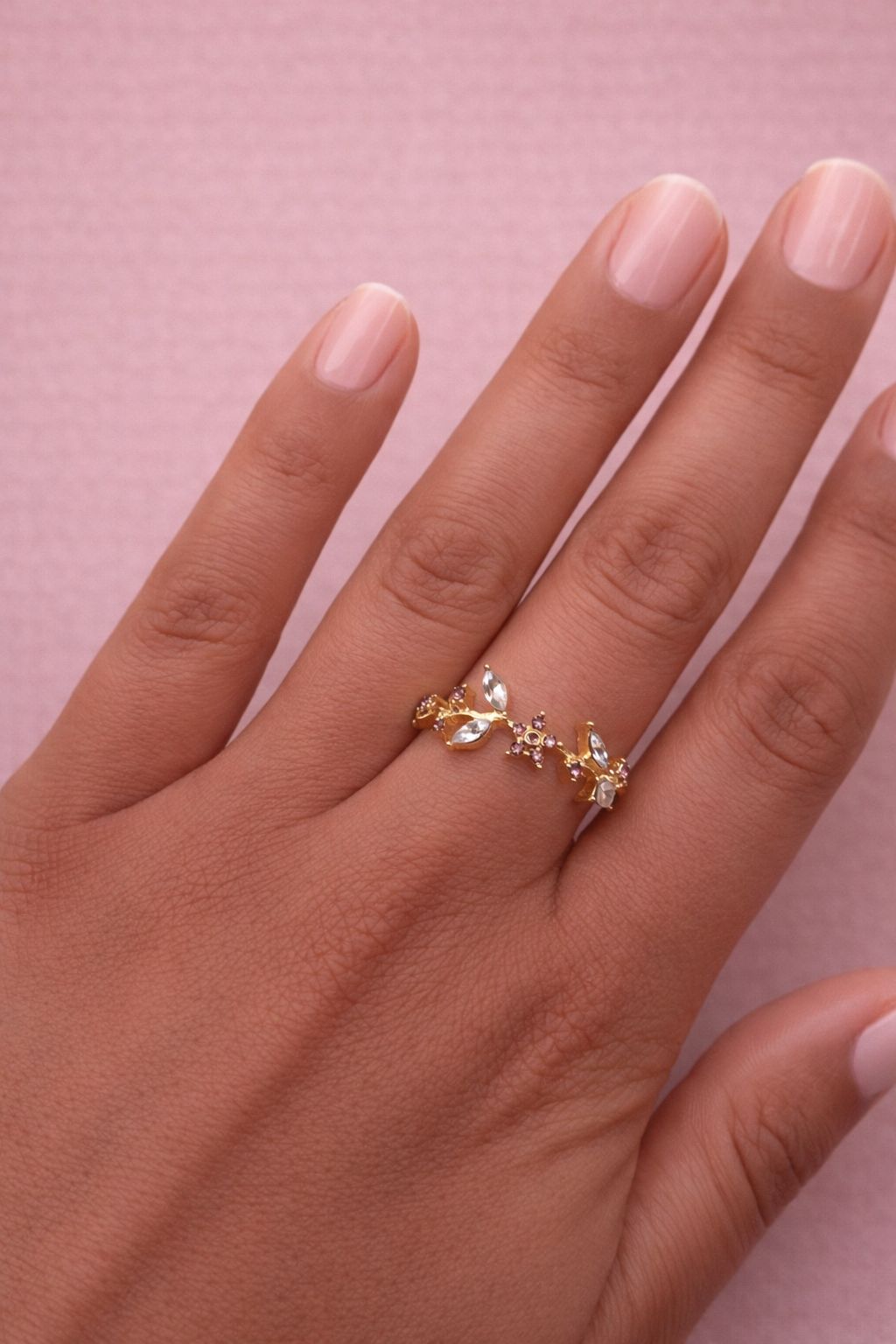 Rania ring - timeless elegance, golden flowers with cubic zirconia petals - Size 55