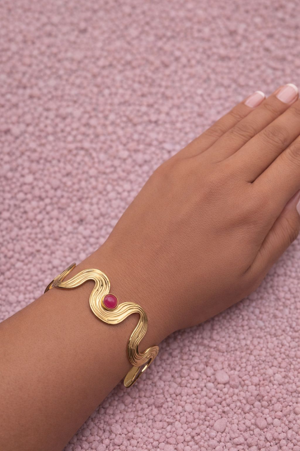 Sigrid Bracelet - Adjustable stainless steel wavy cuff bracelet with center stone
